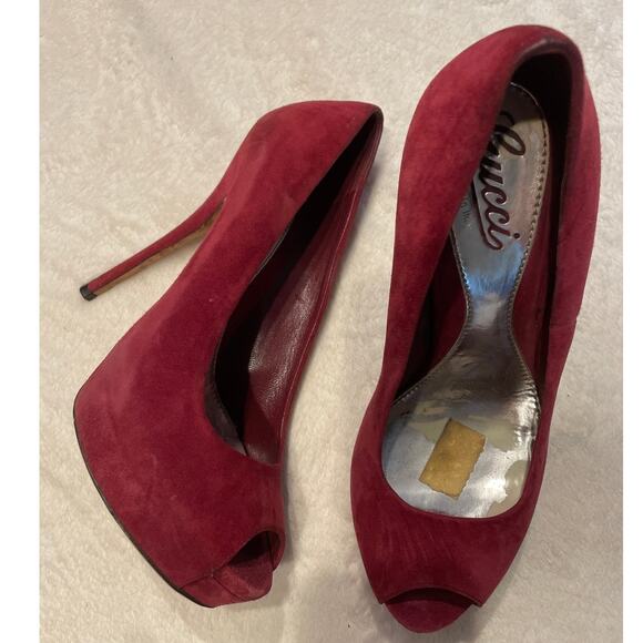 GUCCI Women's Suede Peep Toe Platform Pumps Size 37 Burgundy Stiletto Heel - Picture 3 of 9